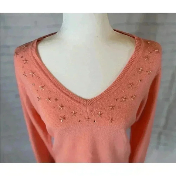 Basic Editions Women's V Neck Beaded Orange Melon Fine Knit Sweater Size M - Picture 7 of 13